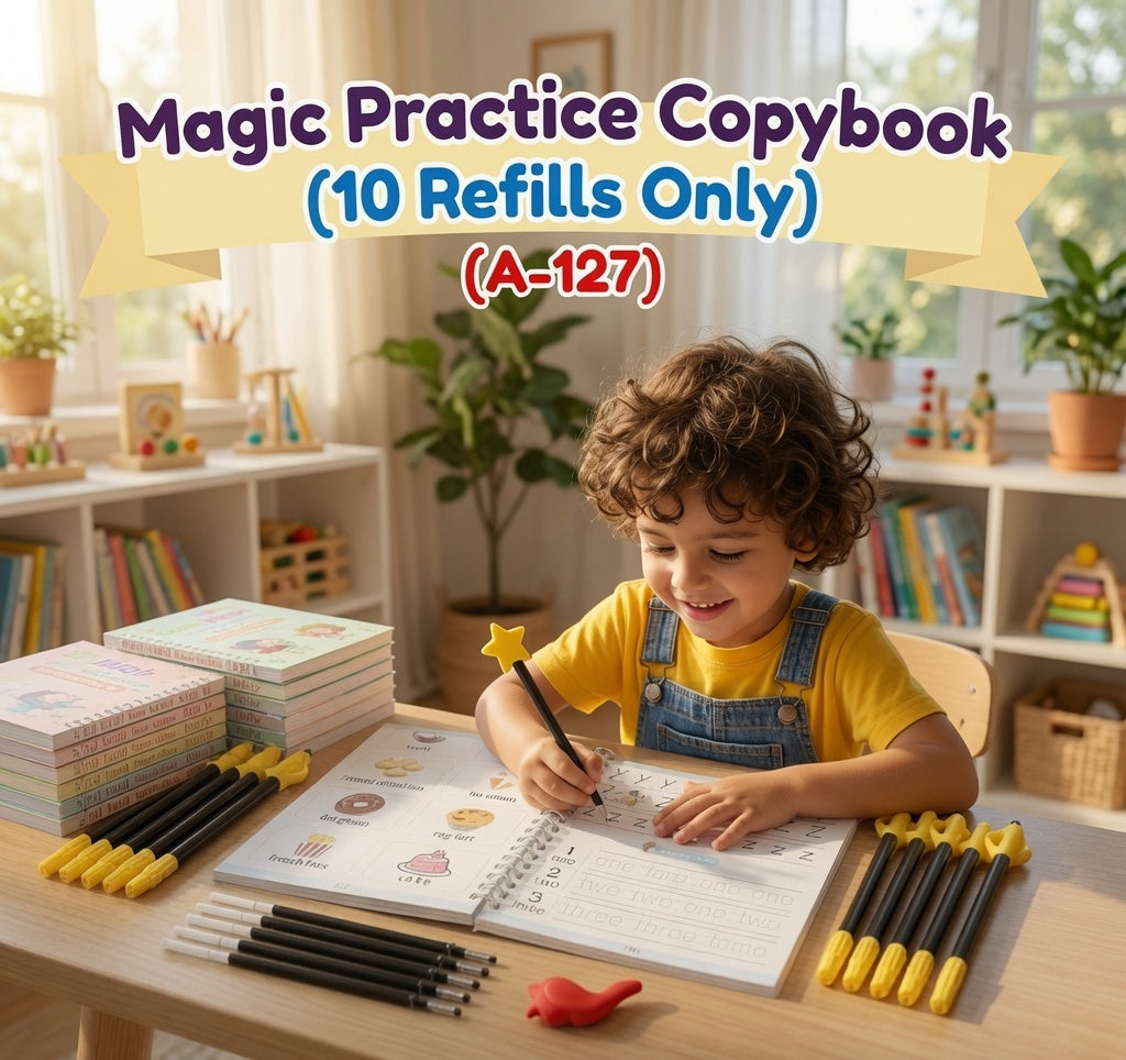 Reusable Magic Handwriting Practice Copybook Set including alphabet, numbers, math, and drawing books with refill ink cartridges.
