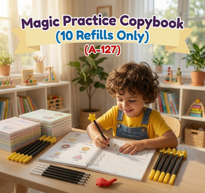Reusable Magic Handwriting Practice Copybook Set including alphabet, numbers, math, and drawing books with refill ink cartridges.