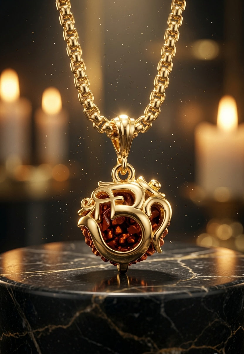 Close-Up View of Om Rudraksha Pendant with Elegant Gold Chain for Daily Wear