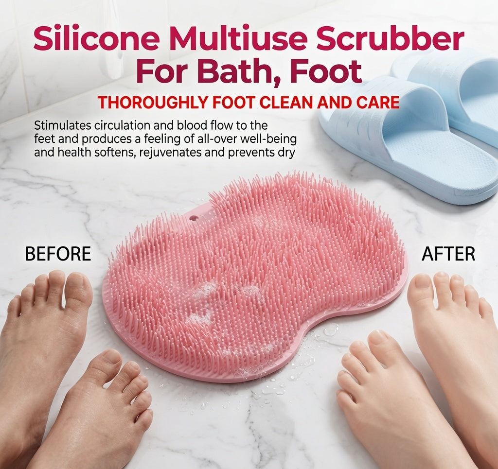 Close-up of a reusable silicone bath and foot scrubber featuring soft flexible bristles for everyday skincare.