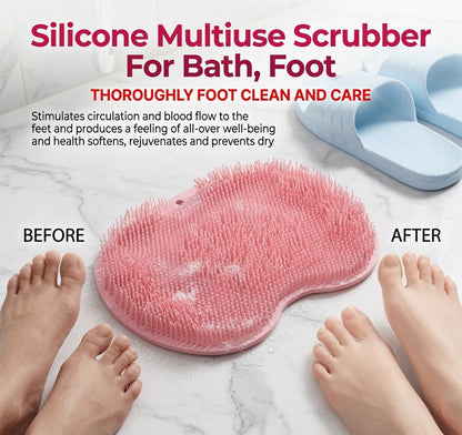 Close-up of a reusable silicone bath and foot scrubber featuring soft flexible bristles for everyday skincare.
