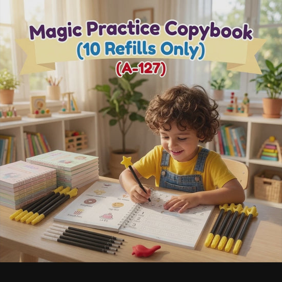 Child practicing handwriting with the reusable Magic Practice Copybook using a magic pen for early learning and writing skills.