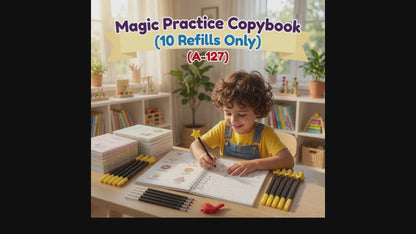 Child practicing handwriting with the reusable Magic Practice Copybook using a magic pen for early learning and writing skills.