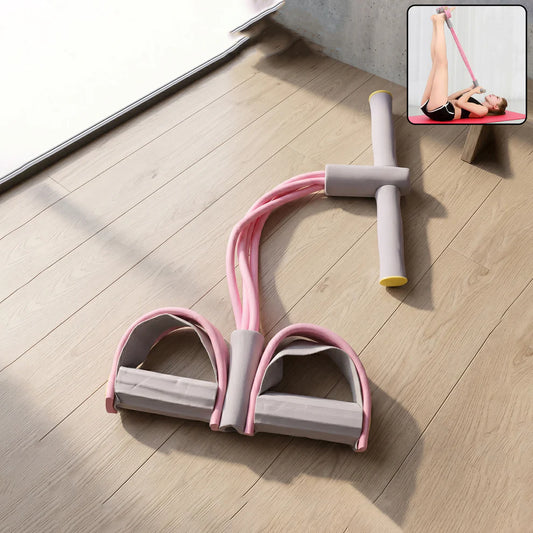 4-tube pedal resistance band with foam foot pedals for full body home workouts.