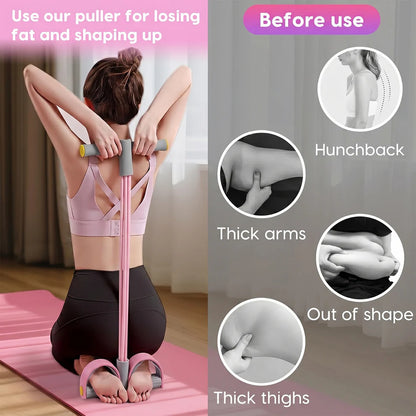 Portable yoga pedal pull resistance band with ergonomic handles for strength training.